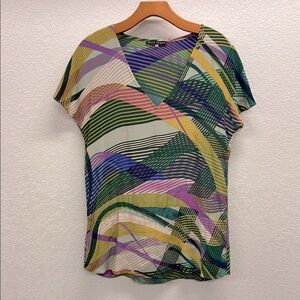 Colorful Art Deco 100% Silk Short Sleeve V-Neck Blouse Size S
